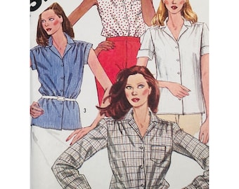Patrón de camisa con botones delanteros Simplicity 5183 B44-50 de los años 80, sin mangas, manga corta, manga larga FF