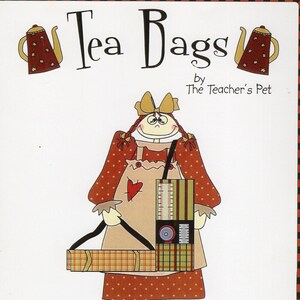 May include: A whimsical illustration featuring the text "Tea Bags" with a decorative teapot on each side. Below the text is a cartoon figure of a girl holding a tray. The text "by The Teacher's Pet" is also included.