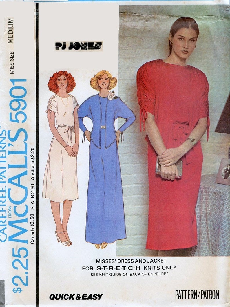 1970s McCall's 5901 Misses Ruched Drawstring Dolman Sleeve Dress and Jacket PJ Jones Sewing Pattern Size Med 14-16 Bust 36 38 UNCUT image 1