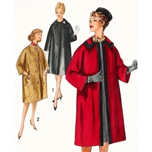 May include: Illustration of three vintage coats in different colors. A golden-brown coat with large pockets and buttons, a black coat, and a red coat with black trim. The coats are shown on illustrated figures.