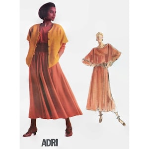 May include: A fashion illustration featuring two women's outfits. One ensemble includes a long, rust-colored skirt, a matching top, and a mustard-yellow cardigan. The other outfit is a rust-colored dress with a cape-like top. The word "ADRI" is at the bottom.