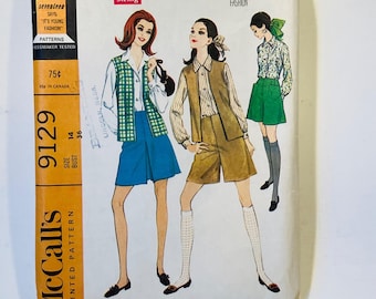 Patrón de costura para falda culotte, camisa y chaleco McCalls 9129 talla 14, estilo Twiggy, de la marca McCalls, años 60.