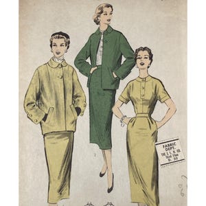 May include: Vintage fashion illustration featuring three women in stylish outfits. The illustration showcases a green suit, a yellow jacket and skirt set, and a yellow dress. The image includes text that reads "FABRIC DEPT. THE I. L. H. CO. Third Floor D. 50."