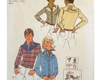 70s Simplicity 7051 Misses Western Shirt Pattern Embroidery Transfer Sz 6-8  FF