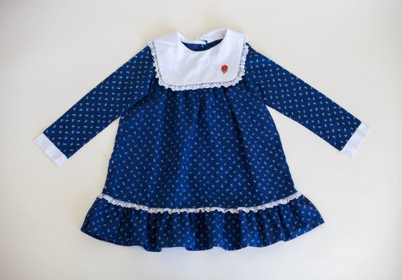 Vintage Girl's Navy/White Floral 70's Dress/Size X