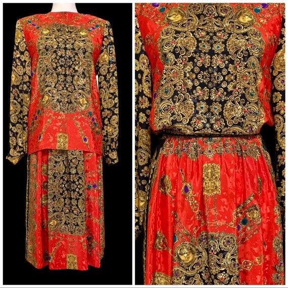 Vtg 90’s Baroque Jewel Print Midi Skirt Set 4