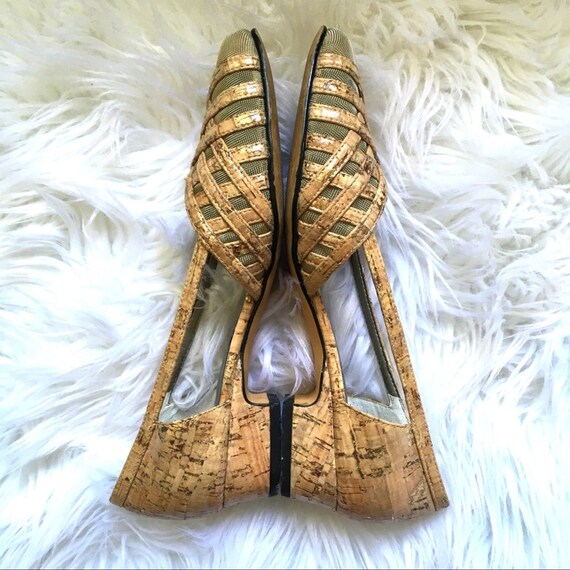 Vintage Gold-flake Cork Mesh Square Toe Heels - image 1