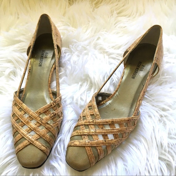 Vintage Gold-flake Cork Mesh Square Toe Heels - image 2