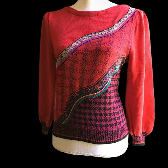 Vintage Red Floral Plaid Puff Sleeve Sweater