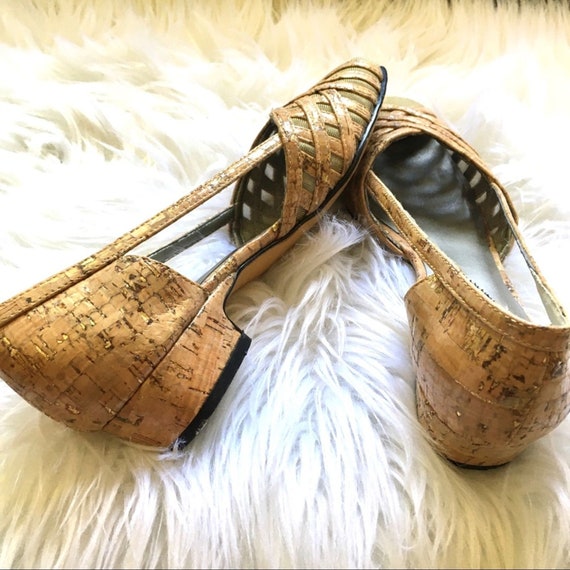 Vintage Gold-flake Cork Mesh Square Toe Heels - image 6