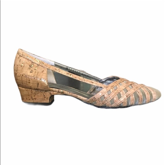 Vintage Gold-flake Cork Mesh Square Toe Heels - image 9