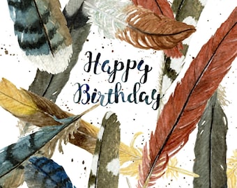 Birding Feathers Birthday Greeting Card, white card stock, 5 X 7, w/envelope, gift for bird lovers, feathers, nature, birding, watercolor