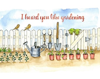 Tarjeta de felicitación para todas las ocasiones de jardinería, impresión única pintada a mano en cartulina de calidad, regalo de jardinero, accesorio de jardinería, herramientas de plantación.