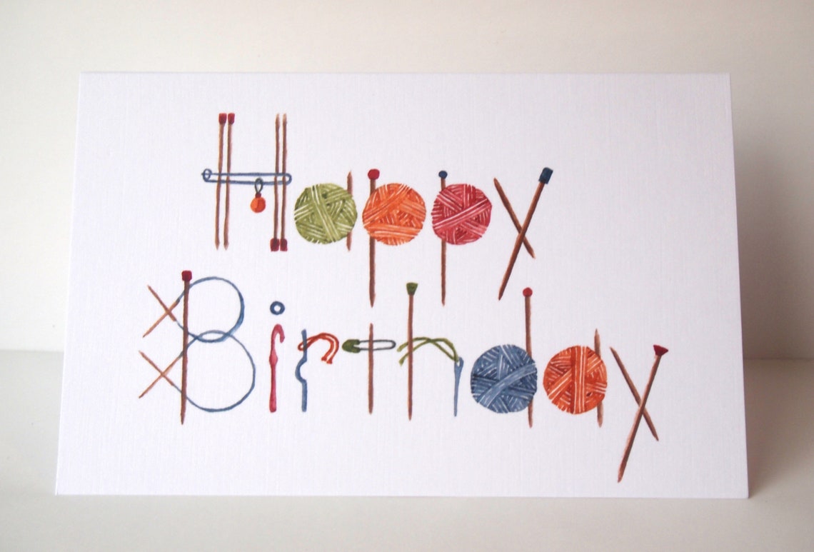 Knitting Happy Birthday Greeting Card Quality White Card Etsy
