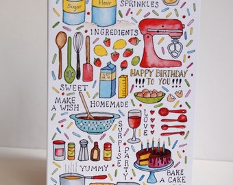 Baking Birthday Card, unique, hand painted, one of a kind, printed on quality card stock, bakers gift, baking accessory, bakery, indie card