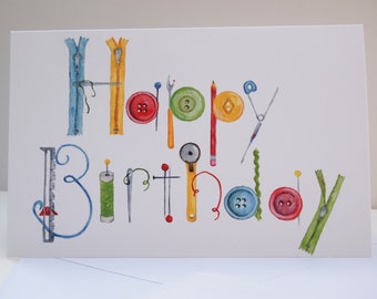 Sewing Birthday Card, hand painted, unique art card, quality card stock, gift for someone who sews or quilts, seamstress, quilter, fabric