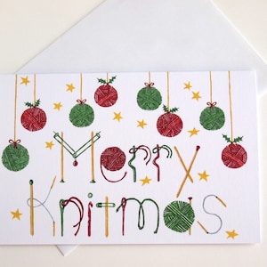 Knitting Christmas Holiday Greeting Card, unique hand painted print on quality card stock, crochet & knitting accessory, gift for yarn lover