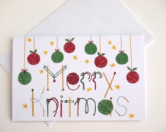 Knitting Christmas Holiday Greeting Card, unique hand painted print on quality card stock, crochet & knitting accessory, gift for yarn lover