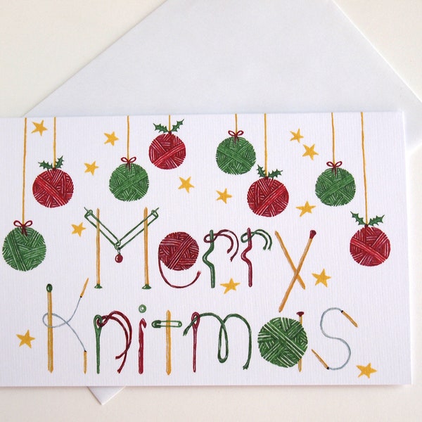 Knitting Christmas Holiday Greeting Card, unique hand painted print on quality card stock, crochet & knitting accessory, gift for yarn lover