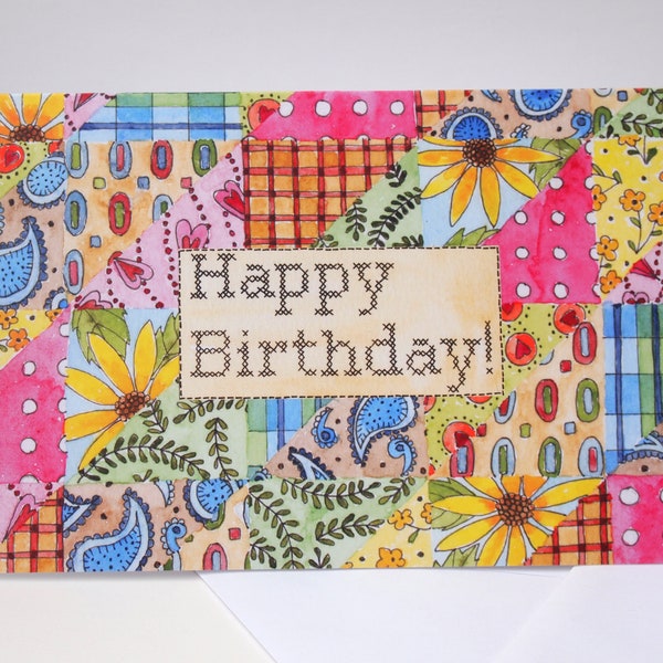 Unique Quilting Birthday Greeting Card, hand painted watercolor printed on quality card stock, sewing, seamstress, quilter, cross stitch