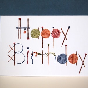 Knitting Birthday Greeting Card, Unique hand painted watercolor printed on quality card stock, gift knitter, crocheter, knitting accessory image 1