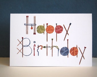 Knitting Birthday Greeting Card, Unique hand painted watercolor printed on quality card stock, gift knitter, crocheter, knitting accessory