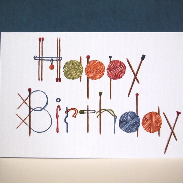 Knitting Birthday Greeting Card, Unique hand painted watercolor printed on quality card stock, gift knitter, crocheter, knitting accessory