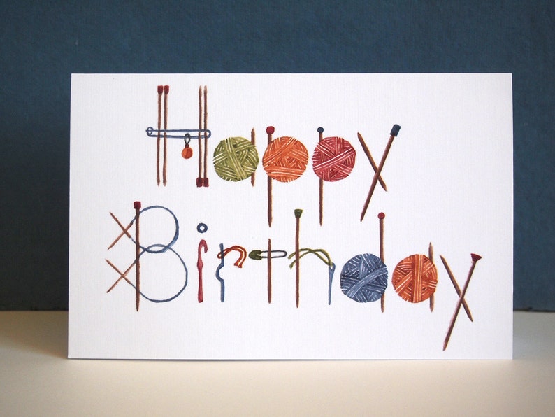Tarjeta de felicitación de cumpleaños de punto, acuarela única pintada a mano impresa en cartulina de calidad, tejedor de regalo, crocheter, accesorio de tejido imagen 1