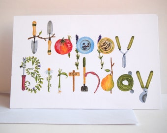 Gardening Happy Birthday Greeting Card, white card stock, 5 X 7 white envelope, gift for gardener, flower vegetable garden, garden accessory