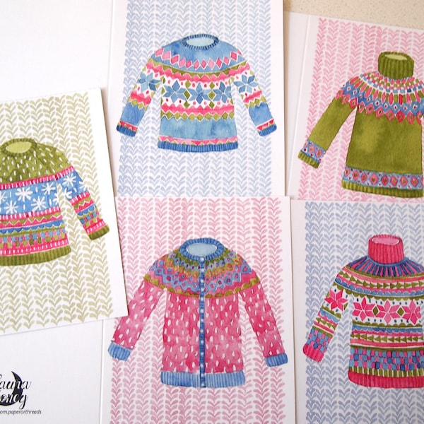 Set 5 knitting themed note cards, 5 original hand painted designs, Knitted sweaters, Stockinette Stitch, knitting accessory, gift knitter