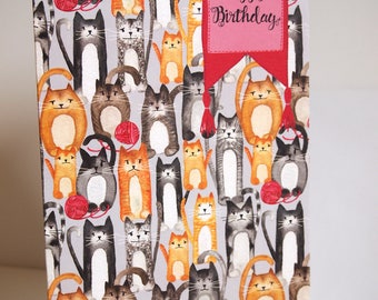 Knitting Birthday Card, unique, hand painted, one of a kind, printed on quality card stock, gift for knitter & cat lover, knitting accessory