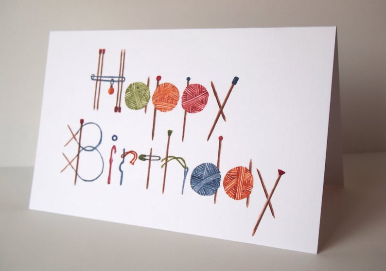 Knitting Birthday Greeting Card, Unique hand painted watercolor printed on quality card stock, gift knitter, crocheter, knitting accessory image 7