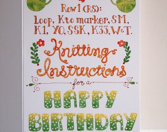 Knitting Birthday Greeting Card, hand painted watercolor printed on quality card stock, gift for knitter or crocheter, knitting accessory