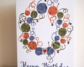 Knitting Birthday Card, unique, hand painted, one of a kind, printed on quality card stock, gift for knitter, crocheter, knitting accessory