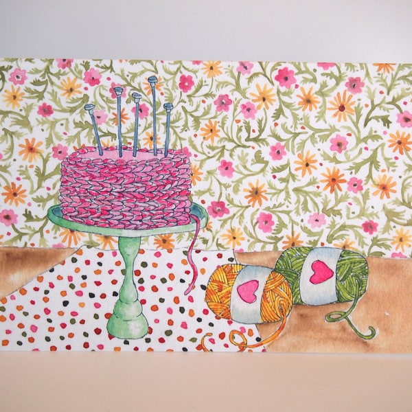 Knitting Birthday Greeting Card, hand painted watercolor print on quality card stock, knit & crochet gift, knitting accessory, birthday cake