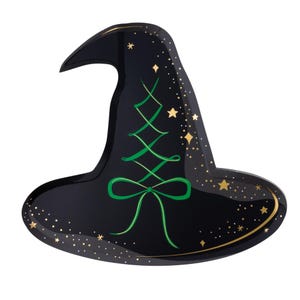 May include: A black witch hat with a wide brim and pointed tip. The hat features a green lace-up design and a green bow. Gold stars and dots decorate the hat's surface, creating a festive, Halloween-themed accessory.