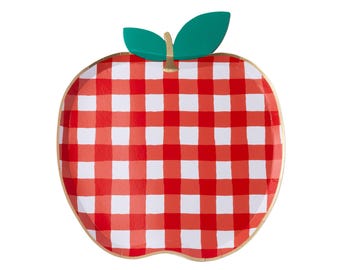 May include: An apple-shaped paper plate with a red and white gingham pattern. The plate has a gold rim and green paper leaves. This decorative plate is perfect for a picnic or party.