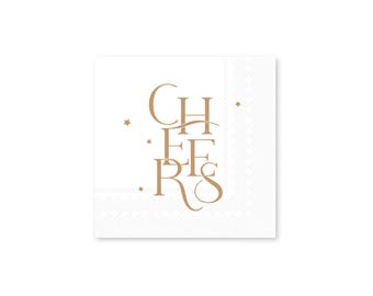 May include: White paper napkin with gold foil lettering that says "Cheers" with small gold stars scattered around the text.
