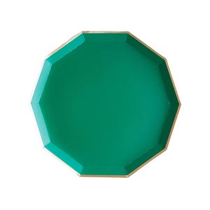 May include: Emerald green paper party plate with a gold rim. The plate is octagonal in shape.