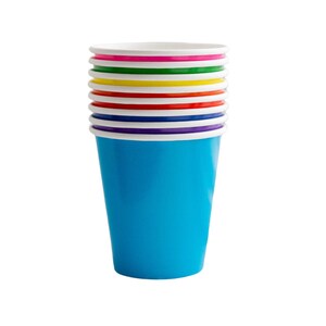 May include: A stack of colorful paper cups, with a blue cup on the bottom and a white cup on top. The cups are stacked in a rainbow pattern, with pink, green, yellow, red, purple, and white.