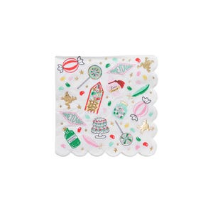 May include: White paper napkins with a scalloped edge. The napkins feature a colorful illustration of candy, frogs, and other magical treats from Honeydukes, a fictional candy shop from the Harry Potter series.