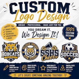 Puede incluir: Un anuncio de servicio de diseño de logotipos personalizados con texto en azul marino y dorado. Muestra varios ejemplos gráficos de temática deportiva, incluyendo una mascota de lince, un balón de fútbol e iconos de animación, con texto promocional.