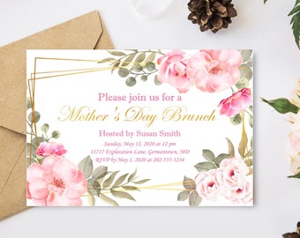 Mother's Day Invitation, Mothers Day Brunch Invitation, Printable Floral Blush Pink Invite, Tea Party Template, Lunch, Dinner, Barbecue