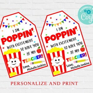 Popcorn Gift Tags, Back To School Favor Tags, First Day of School, Teacher Appreciation, Student PTO PTA, Editable Printable