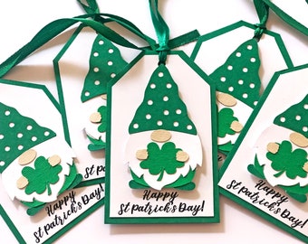 St. Patrick's Day Gnome Gift Tags, St Pattys Day Favor Tags, Lucky Green Leprechaun Gnome Hang tags - Set of 5