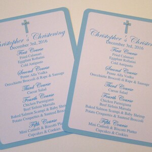 4 cartões de menu de batismo, cartões de menu de batismo personalizados, confirmação, sinal de menu de primeira comunhão, decorações de batismo de menino, festa de batismo