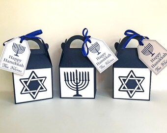 Happy Hanukkah Gift Box, Hanukkah Favor Box, Jewish Holiday Treat Bag, Party Decoration,  Star of David, Menorah, Blue Personalized-10