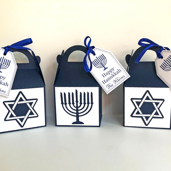 Happy Hanukkah Gift Box, Hanukkah Favor Box, Jewish Holiday Treat Bag, Party Decoration,  Star of David, Menorah, Blue Personalized-10