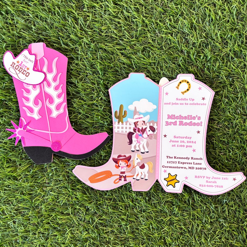 Roze Cowgirl uitnodiging, Cowgirl verjaardagsfeestje uitnodigt, Rodeo, Western uitnodigen, Disco kosmische ruimte thema, kleine Cowgirl baby shower 10 afbeelding 1