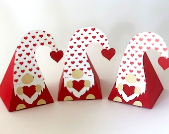 Gnome Valentine Favor Boxes, Valentine's Day Treat Box, Valentines Party, Kids Valentine Candy Bags, Treat Bags, Mini Red Hearts Goodie Box